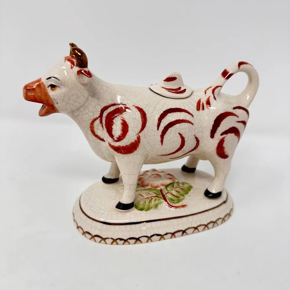 Vintage William Kent Staffordshire Ware Cow Creamer with Lid — Made in England